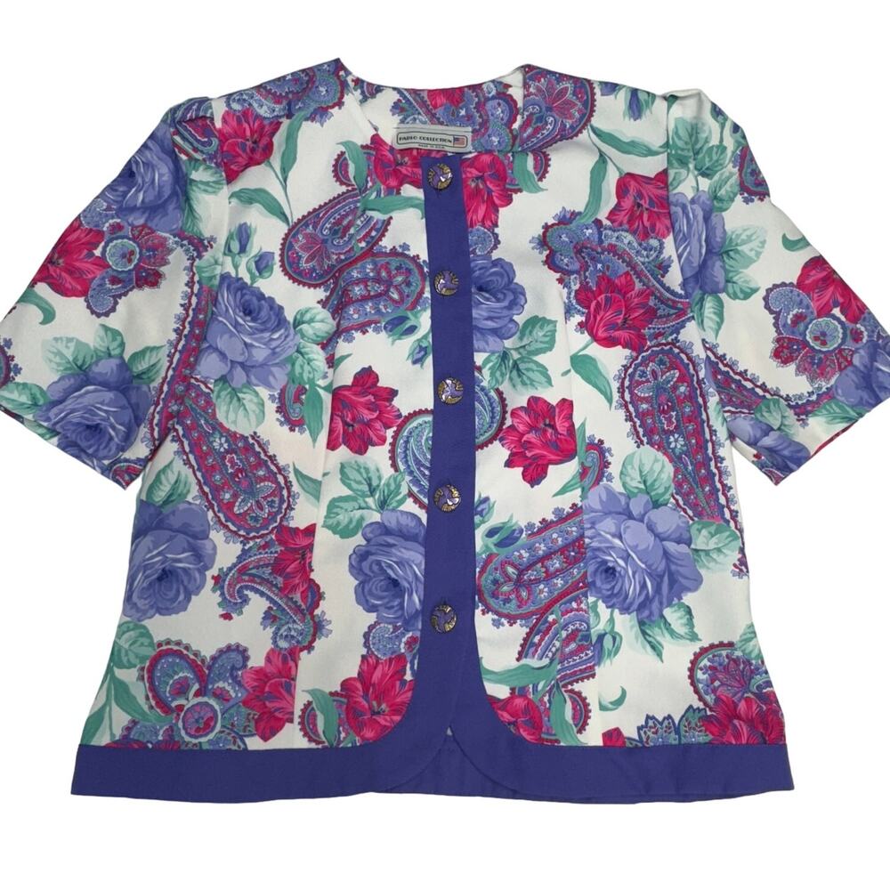 Pablo Collection Vintage Pink Purple Floral Paisley Button Up Blouse Women S